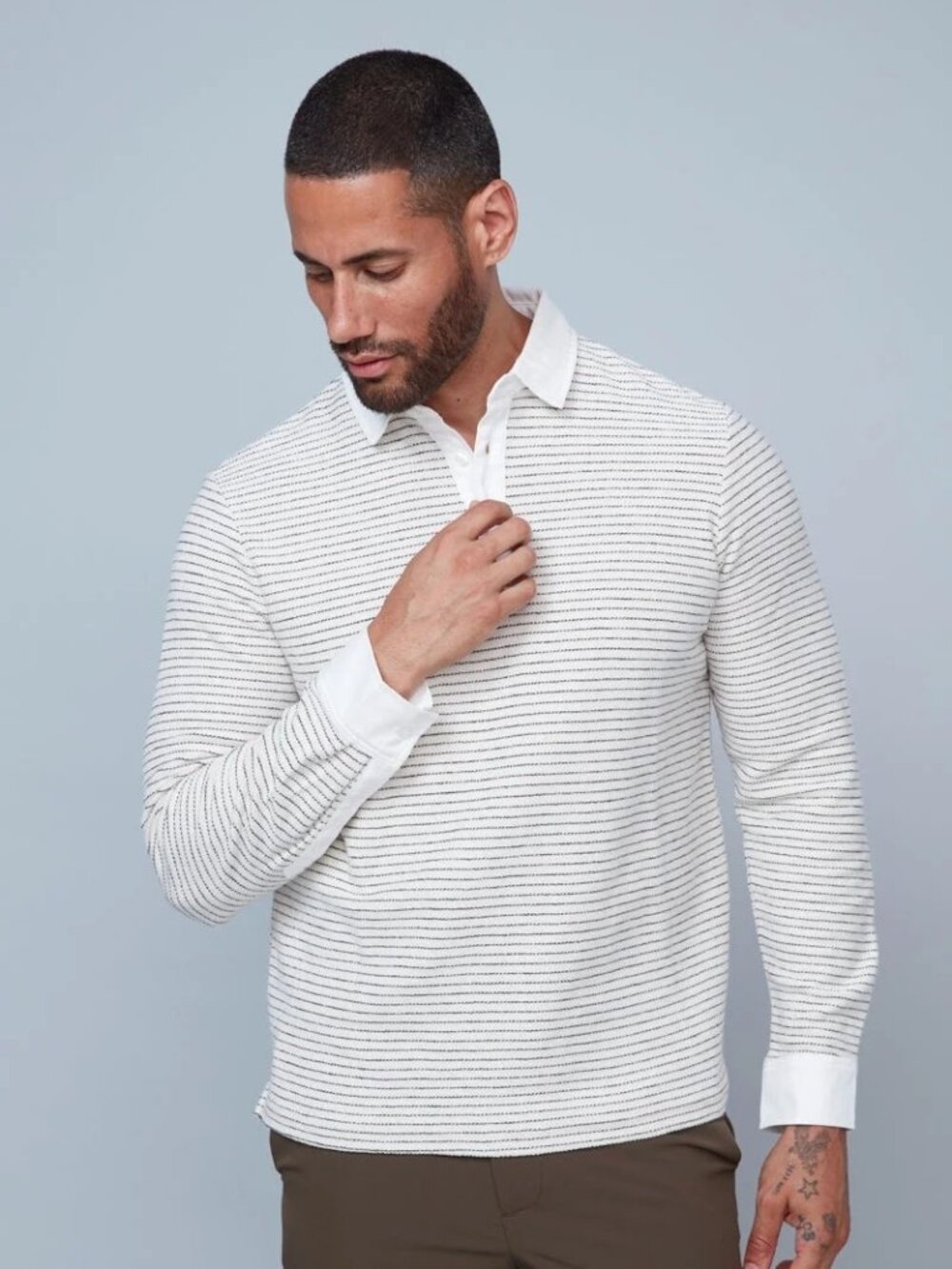 HEDGE Dusty Cream with Black Striped Knit Polo/54399